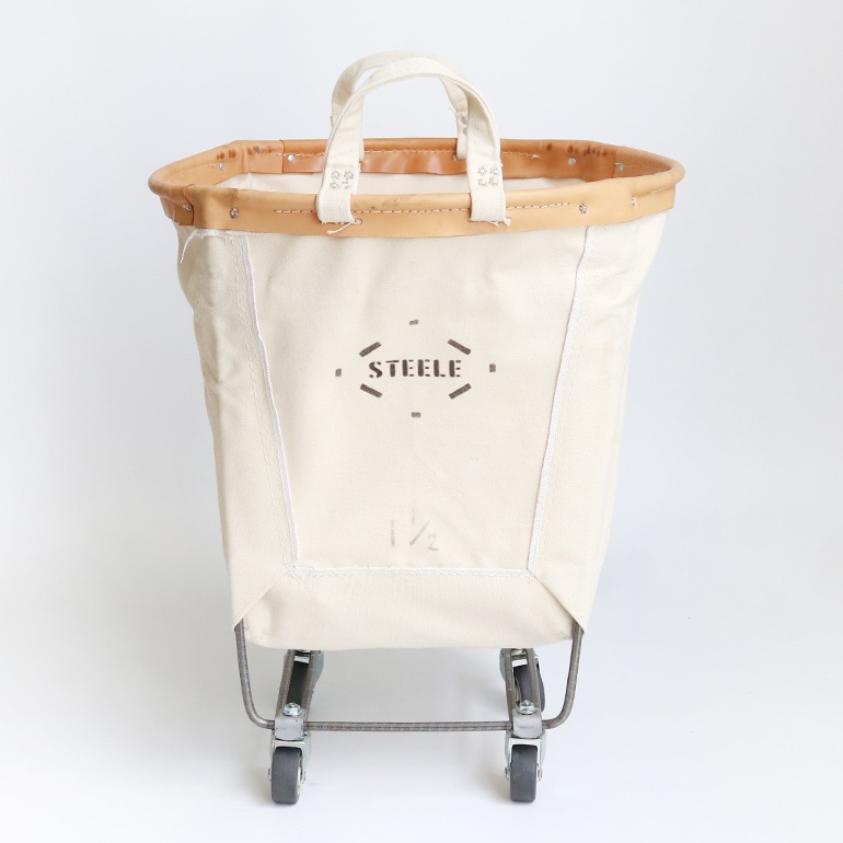 STEELE CANVAS BASKET スチールキャンバスバスケット｜ROUND CASTER BASKET #186 1.5bu (white × tan leather rim)