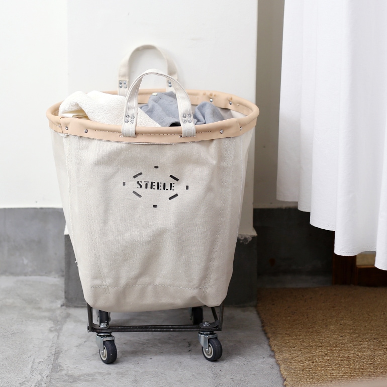 STEELE CANVAS BASKET スチールキャンバスバスケット｜ROUND CASTER BASKET #186 1.5bu (white × tan leather rim)