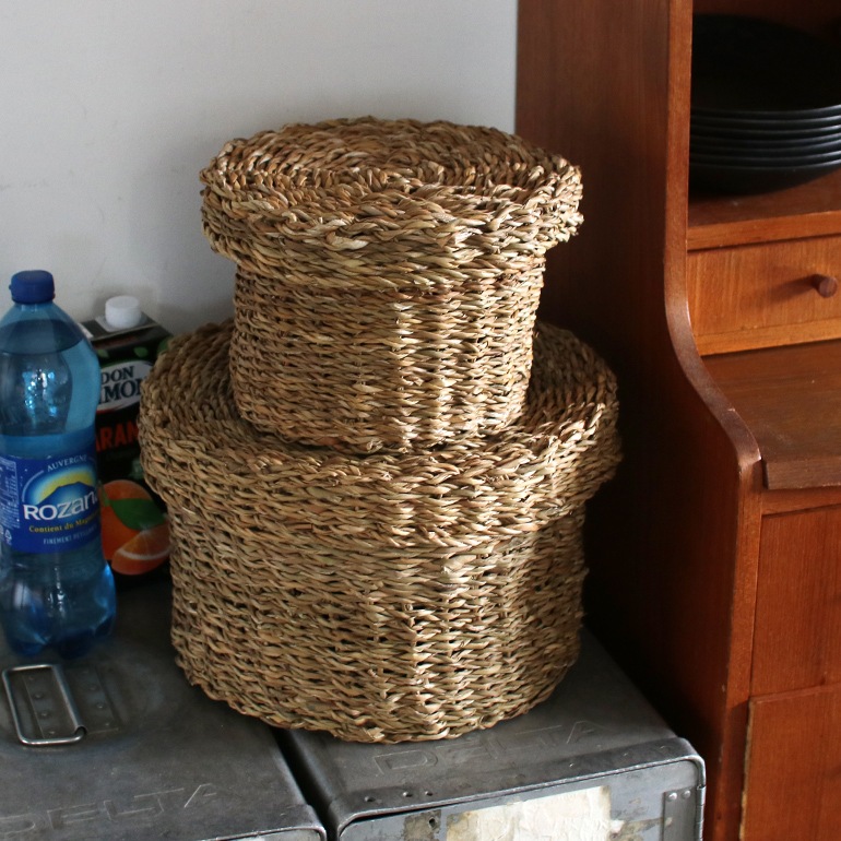 シーグラスの蓋付きバスケット S