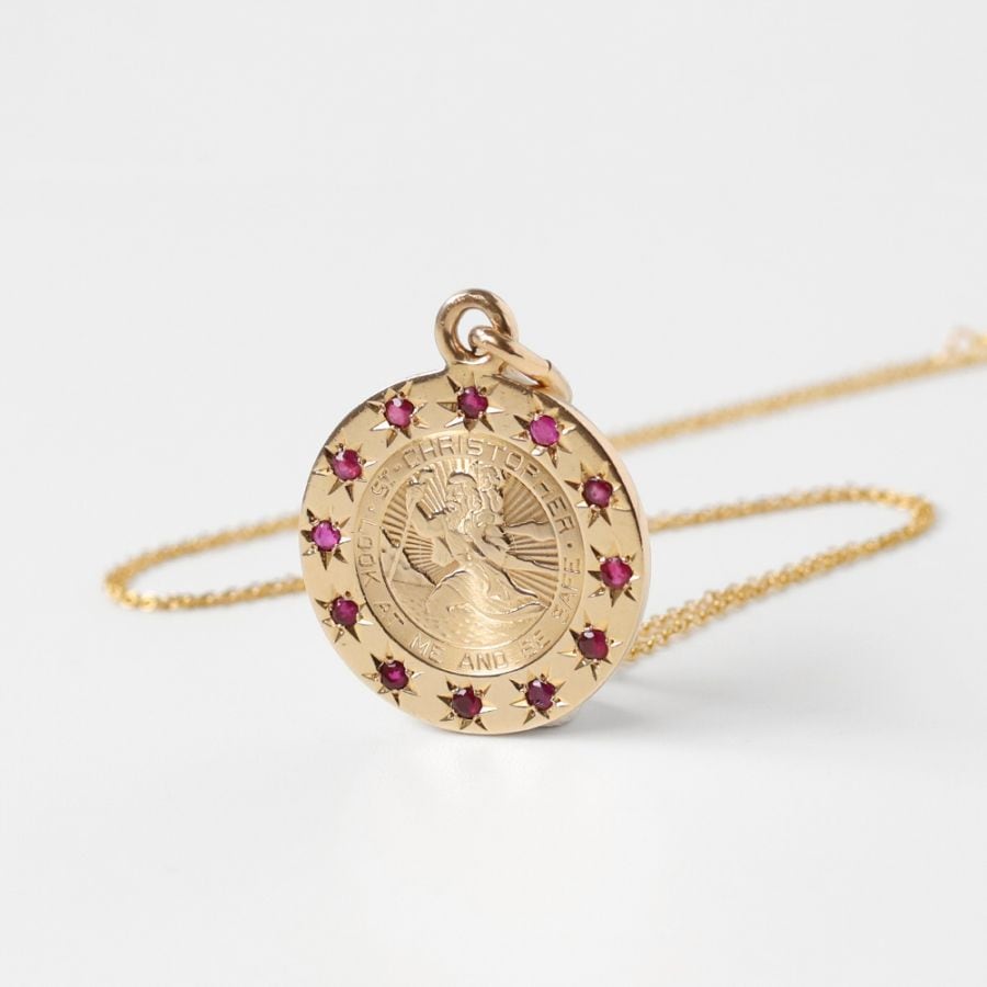 【VINTAGE】TIFFANY&Co. 14K Gold St.Christopher Medal Charm Necklace with Ruby