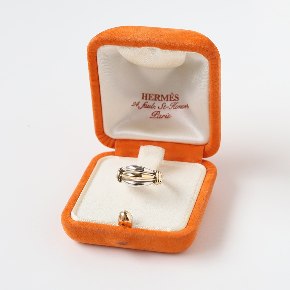 【VINTAGE】HERMES Ribbed Band Ring SV950×K18