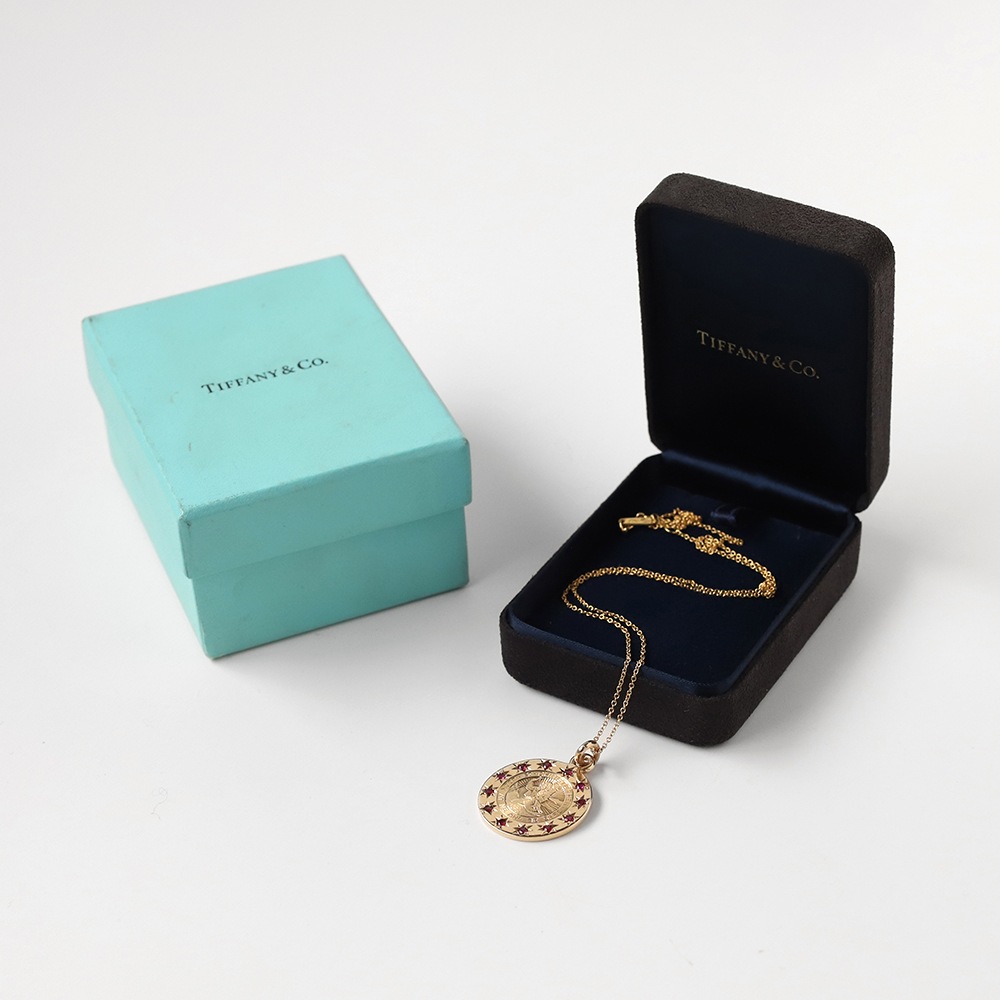 【VINTAGE】TIFFANY&Co. 14K Gold St.Christopher Medal Charm Necklace with Ruby