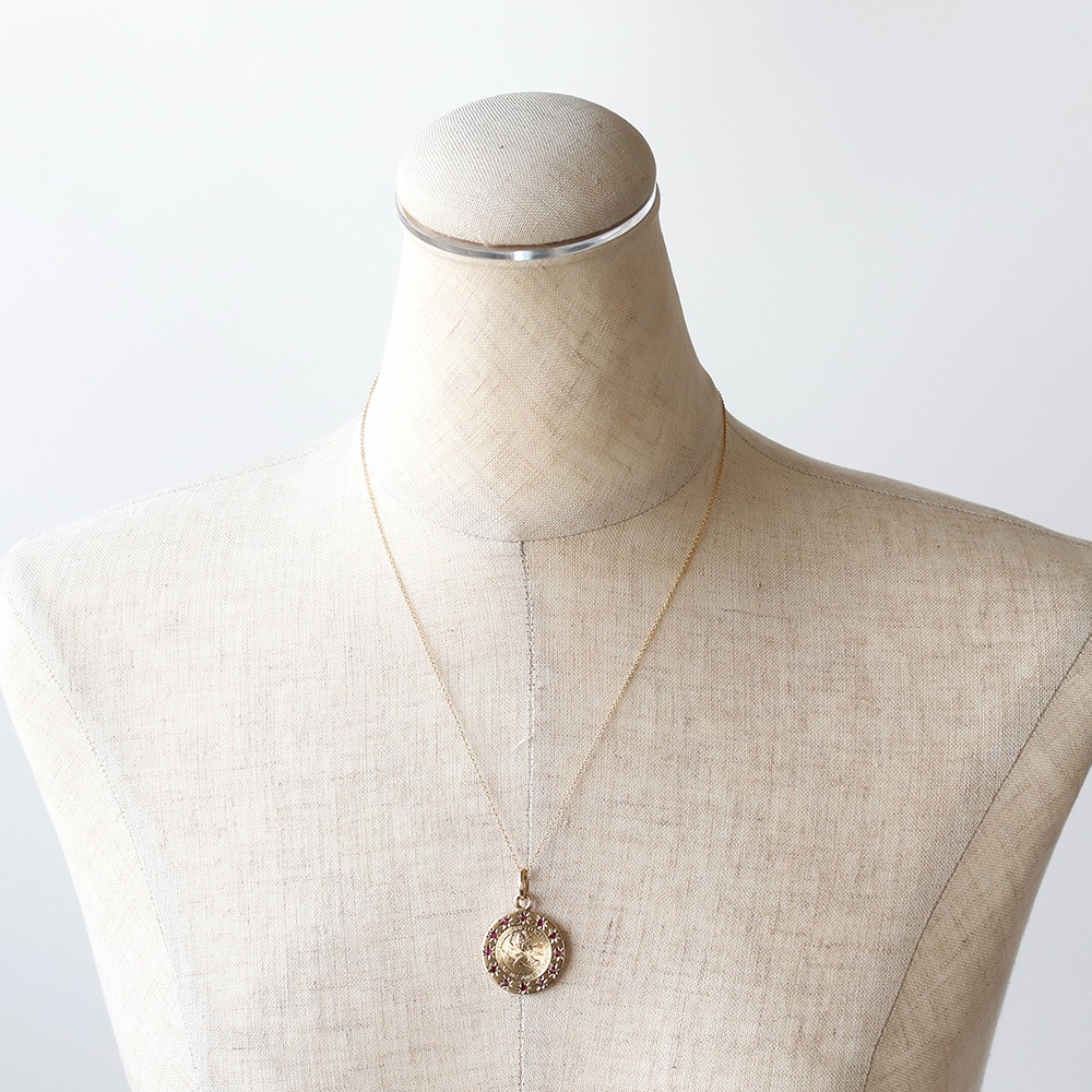 【VINTAGE】TIFFANY&Co. 14K Gold St.Christopher Medal Charm Necklace with Ruby