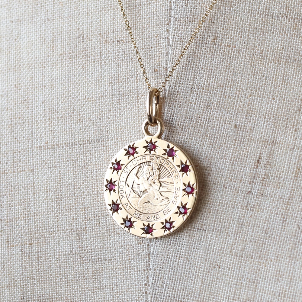 【VINTAGE】TIFFANY&Co. 14K Gold St.Christopher Medal Charm Necklace with Ruby