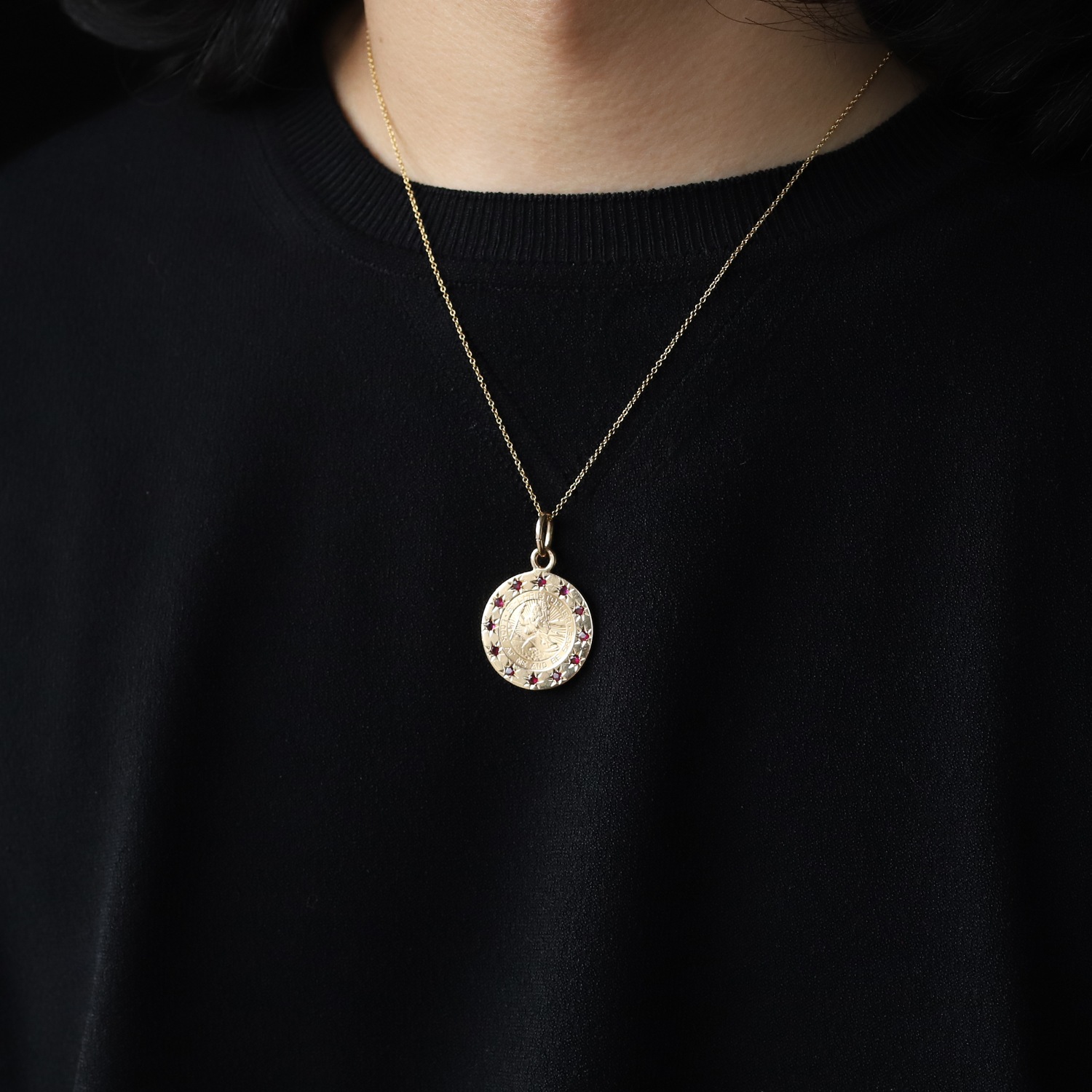 【VINTAGE】TIFFANY&Co. 14K Gold St.Christopher Medal Charm Necklace with Ruby