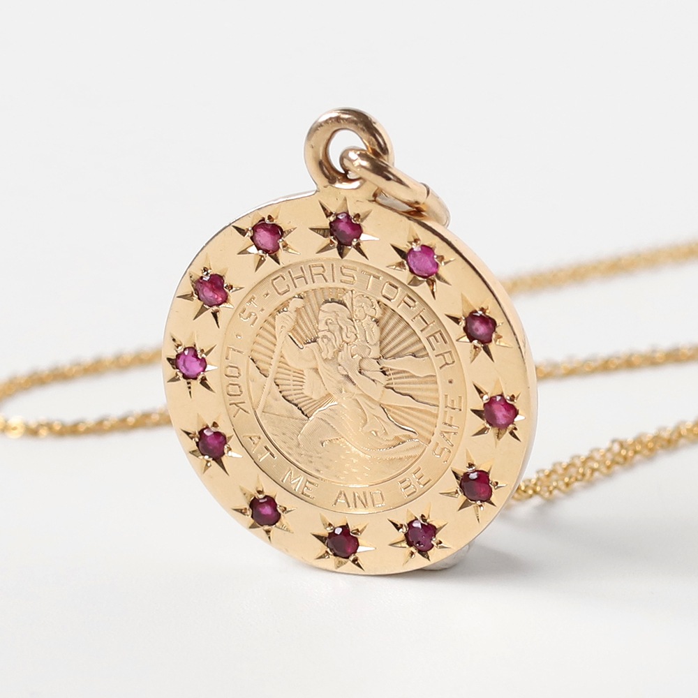 【VINTAGE】TIFFANY&Co. 14K Gold St.Christopher Medal Charm Necklace with Ruby
