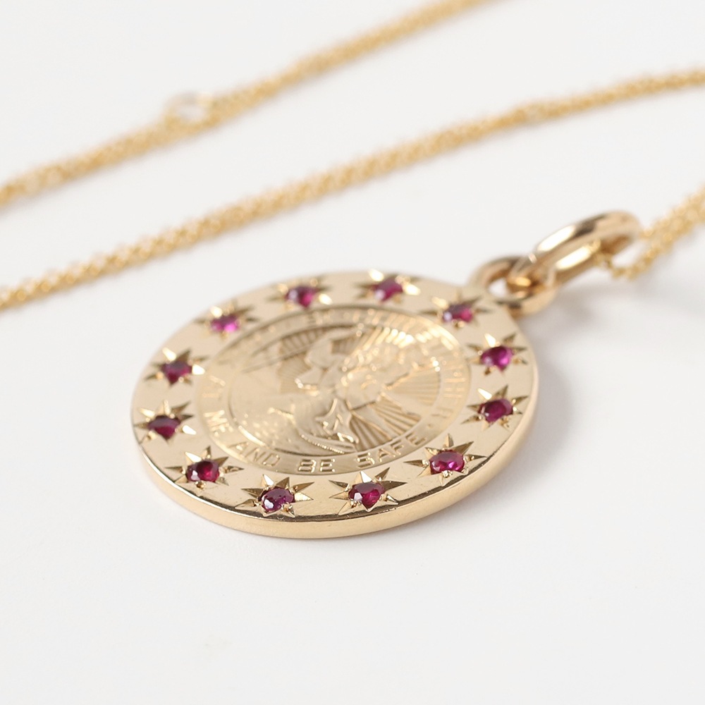 【VINTAGE】TIFFANY&Co. 14K Gold St.Christopher Medal Charm Necklace with Ruby