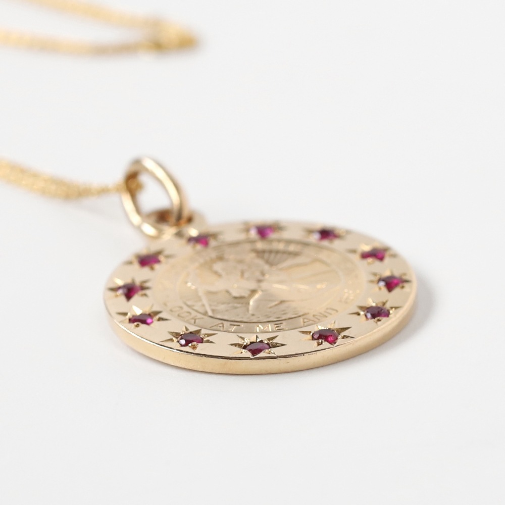 【VINTAGE】TIFFANY&Co. 14K Gold St.Christopher Medal Charm Necklace with Ruby