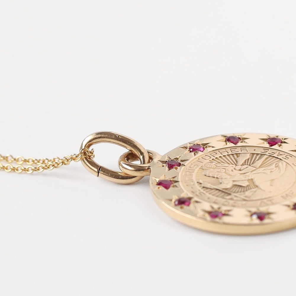 【VINTAGE】TIFFANY&Co. 14K Gold St.Christopher Medal Charm Necklace with Ruby
