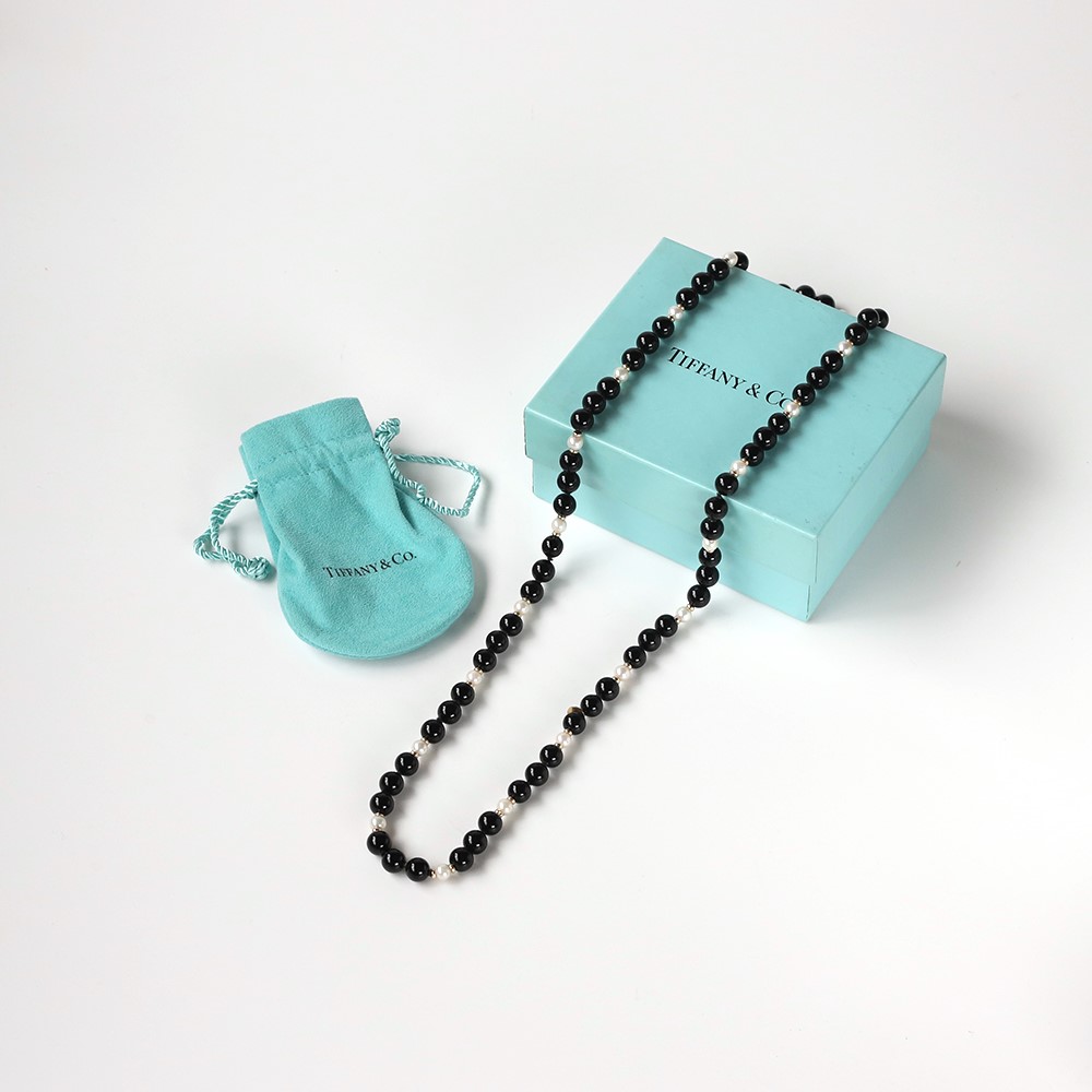 【1980s】TIFFANY&Co.<br>14k Gold Onyx&Pearl Ball Necklace