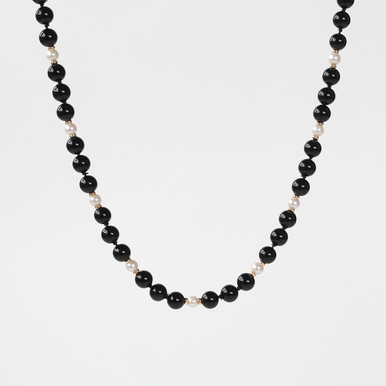 【1980s】TIFFANY&Co.<br>14k Gold Onyx&Pearl Ball Necklace