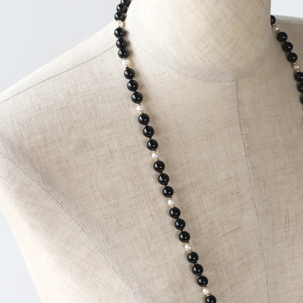 【1980s】TIFFANY&Co.<br>14k Gold Onyx&Pearl Ball Necklace