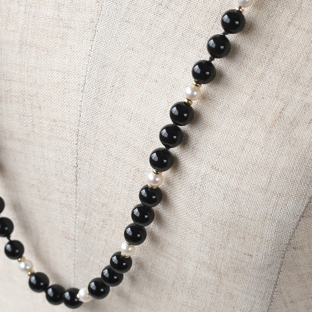 【1980s】TIFFANY&Co.<br>14k Gold Onyx&Pearl Ball Necklace