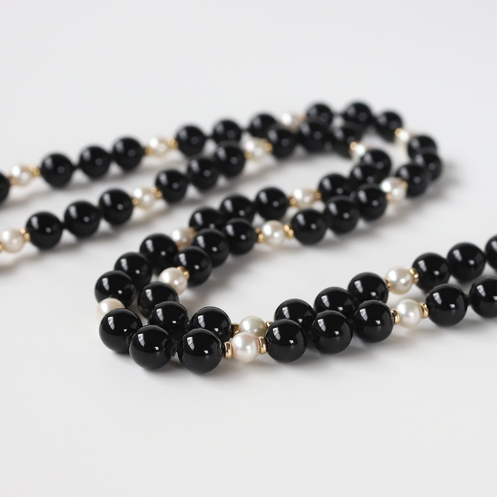 【1980s】TIFFANY&Co.<br>14k Gold Onyx&Pearl Ball Necklace