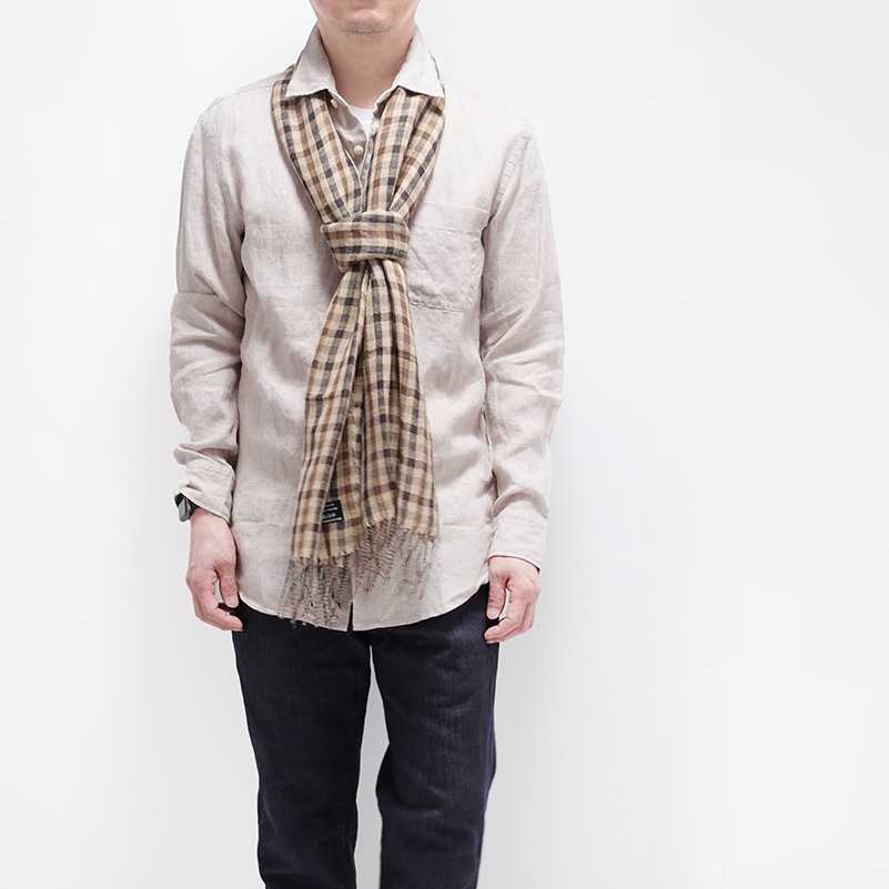 メンズストール 定番ギンガムチェック ベージュブラウン さらさらリネン混 巻きやすく使いやすい イタリア製 40 195cm 1年中使えるストール マフラーメンズ ストール 襟巻き 男性用 春マフラー 春ストール メンズ男性 Cep イタリアで作ったストールと