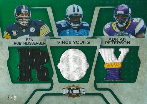 ベン・ロスリスバーガー / ヴィンス・ヤング / エイドリアン・ピーターソン NFLカード Ben Roethlisberger / Vince Young / Adrian Peterson 2008 Topps Triple Threads Triple Relics 5/9