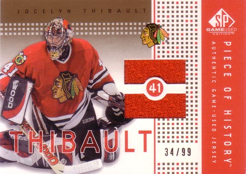 ジョセリン・ティボー NHLカード Jocelyn Thibault 2002/03 SP Game Used Edition Piece of History Gold 34/99