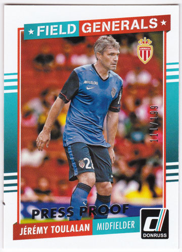 ジェレミー・トゥララン 2015 Panini Donruss Field Generals Silver Press Proof 111/199 Jeremy Toulalan