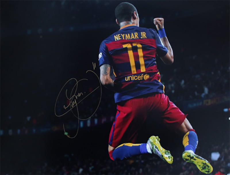 ネイマール Jr. 直筆サインフォト 2015 FC バルセロナ 4ゴールセレブレーション (Neymar Jr Signed Barcelona Photo: El Cuatro)