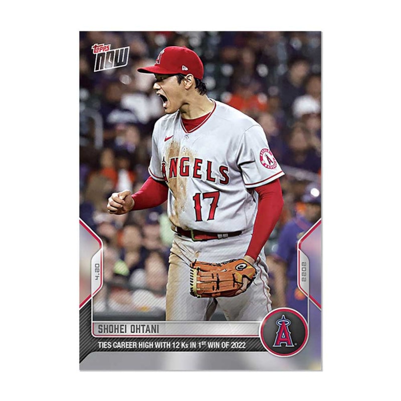 大谷翔平 #74 キャリアハイの12奪三振で2022年初勝利の記念カード Ties Career High With 12Ks In 1st Win Of 2022-Shohei Ohtani 2022 MLB Topps Now Card