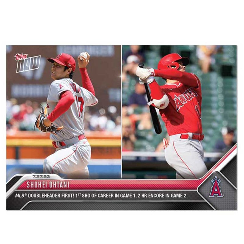 大谷翔平 #625 ダブルヘッダーの1試合目でメジャー初完封を達成し、2試合目で2打席連発となるホームランを打った記念カード MLB Doubleheader First! 1st SHO of Career In Game1,2 HR Encore In Game2 - Shohei Ohtani 2023 MLB Topps Now Card