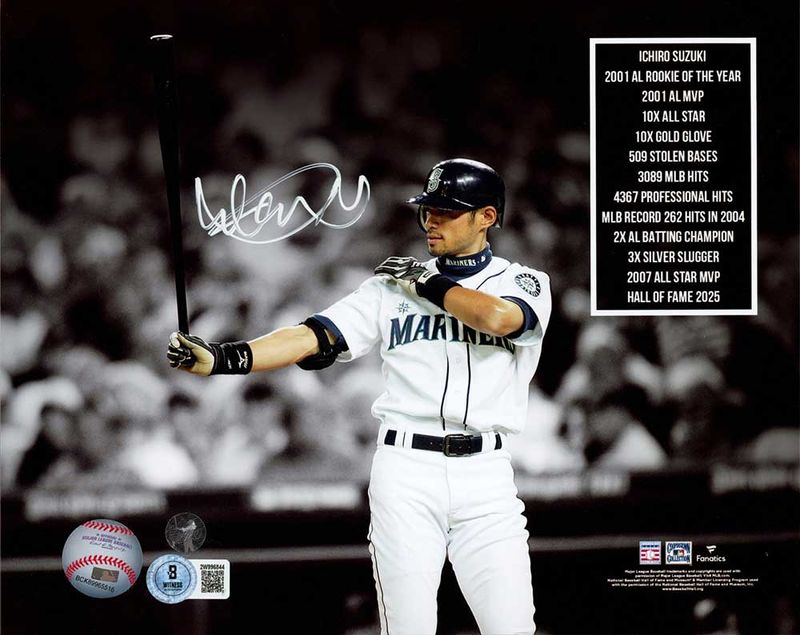 イチロー 直筆サイン入り8x10フォト シアトル・マリナーズ スタッツ / Ichiro Suzuki Autographed 8x10 Photo Seattle Mariners Stats IS Holo & Beckett BAS Witness Stock