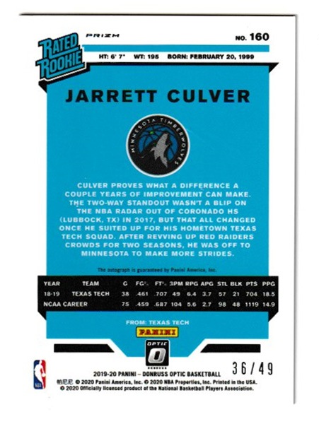 ジャレット・カルバー NBA 2019-20 Panini Donruss Optic Rated Rookie