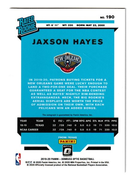 ジャクソン・ヘイズ NBA 2019-20 Panini Donruss Optic Rated Rookie