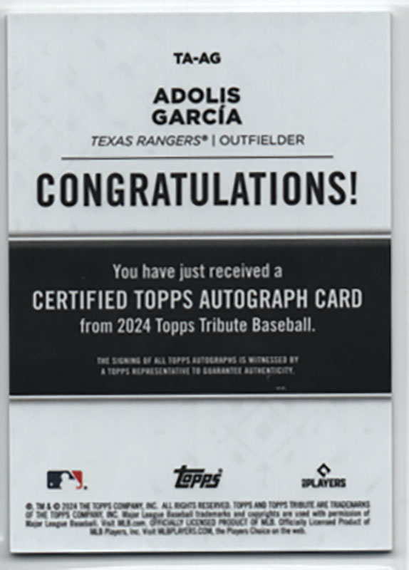 アドリス・ガルシア/Adolis Garcia 2024 Topps Tribute auto 63/99