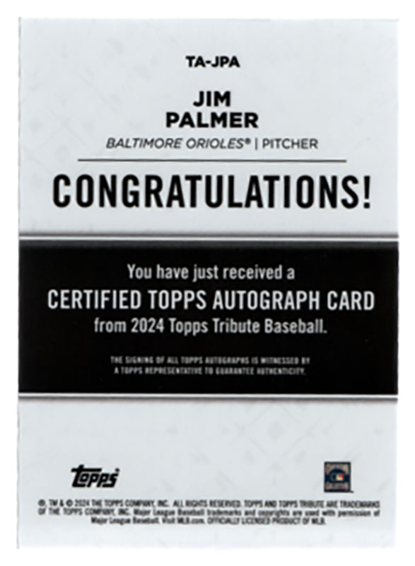 ジム・パーマー/Jim Palmer 2024 Topps Tribute auto 183/199 ｜カード