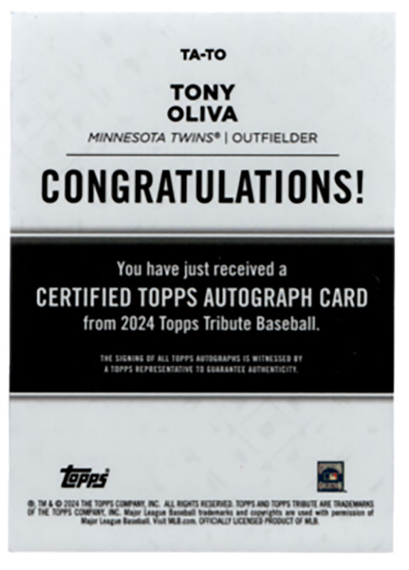 トニー・オリバ/Tony Oliva 2024 Topps Tribute auto 04/99 ｜カード