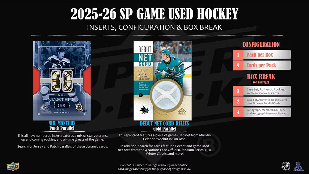 予約)NHL 2025-26 Upper Deck SP Game Used Hockey Hobby Box 2/12入荷