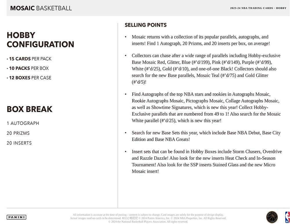 NBA 2023-24 Panini Mosaic Basketball Hobby Box 8/13入荷