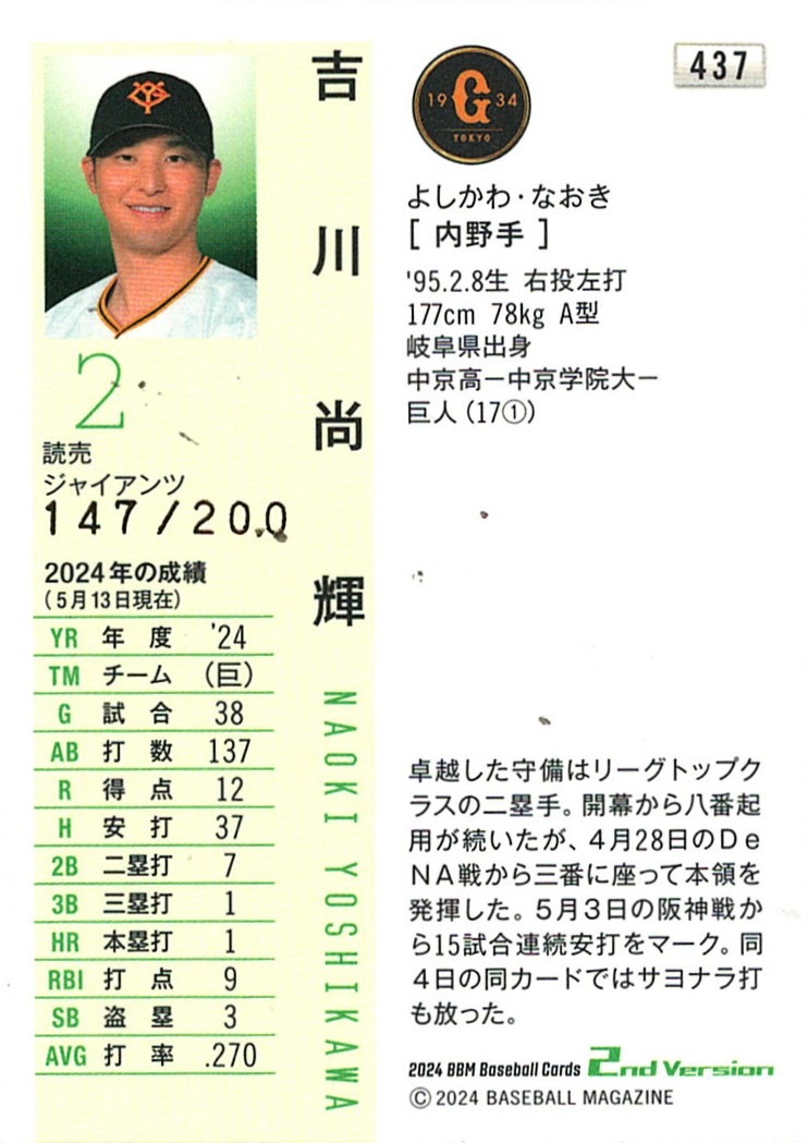 吉川尚輝【2024 BBM ベースボールカード 2ndバージョン】 147