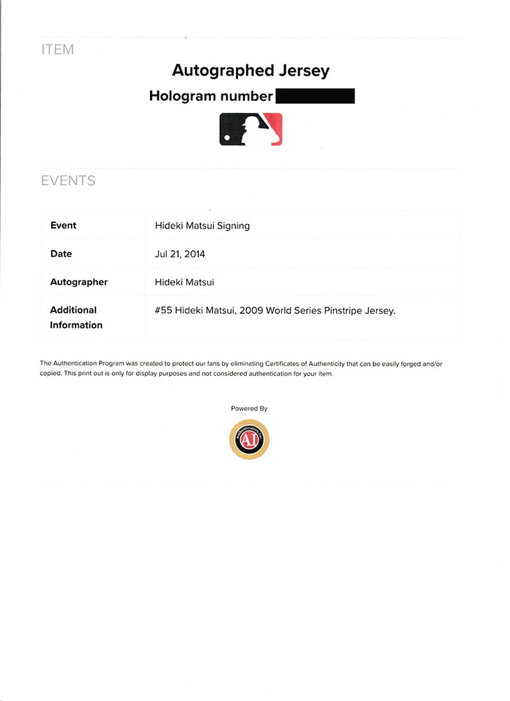 松井秀喜 MLB 直筆サイン入りヤンキースホームジャージ (2009