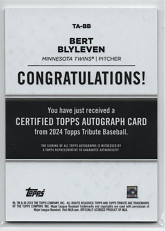 バート・ブライレブン/Bert Blyleven 2024 Topps Tribute auto 52/75
