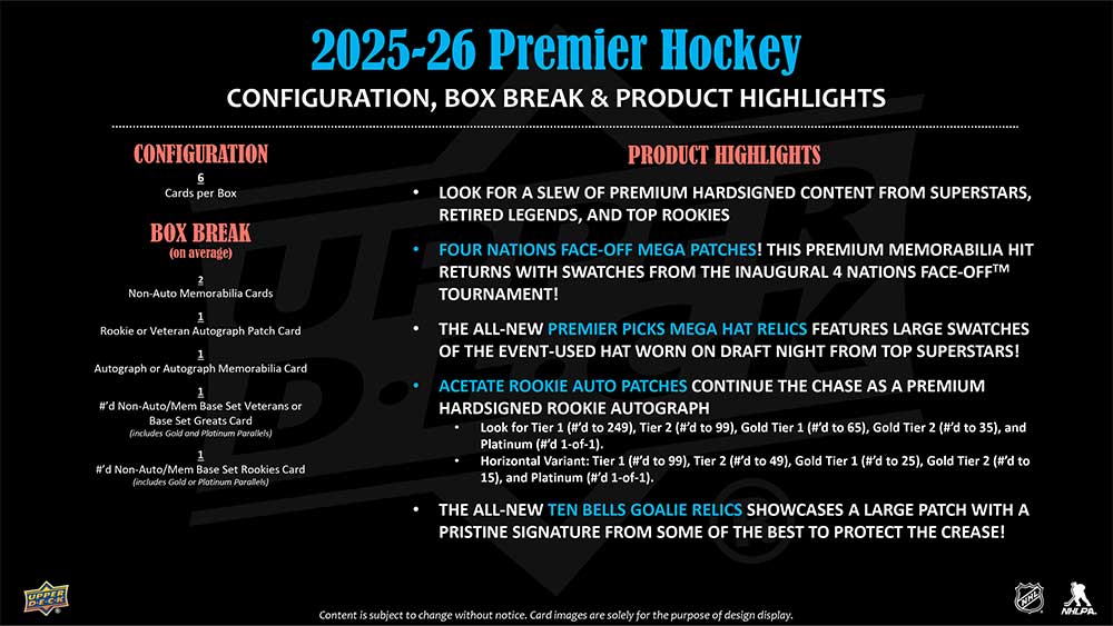 NHL 2025-26 Upper Deck Premier Hockey Hobby Box 9/3入荷予定 価格は