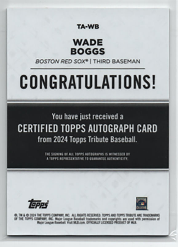 ウェイド・ボッグス/Wade Boggs 2024 Topps Tribute auto 63/99