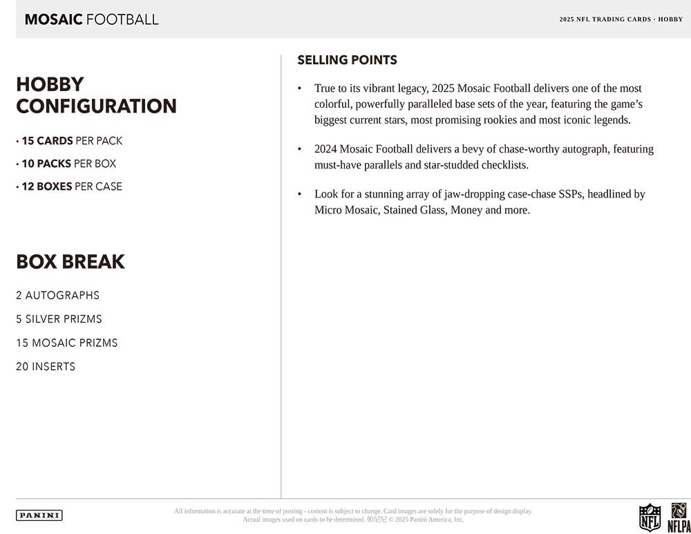 NFL 2025 Panini Mosaic Football Hobby Box 11/8入荷 BC ｜カード