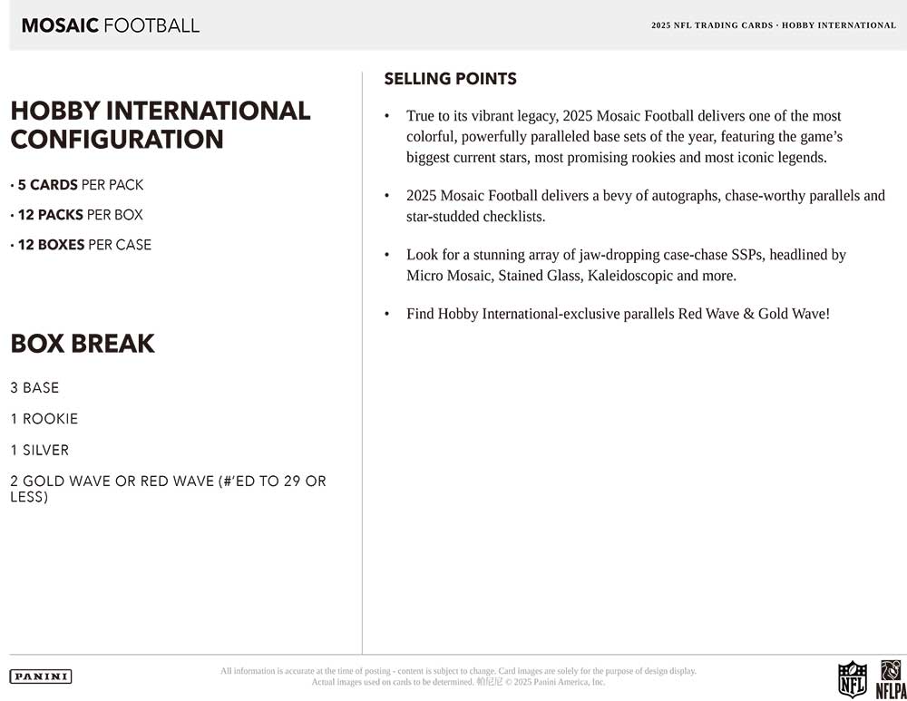 NFL 2025 Panini Mosaic Football Hobby International Box 12/4入荷