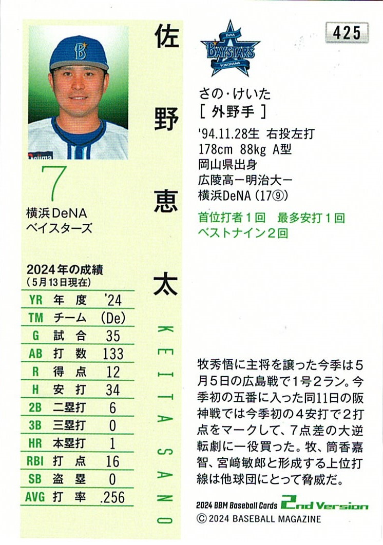 佐野恵太【2024 BBM ベースボールカード 2ndバージョン】箔サイン