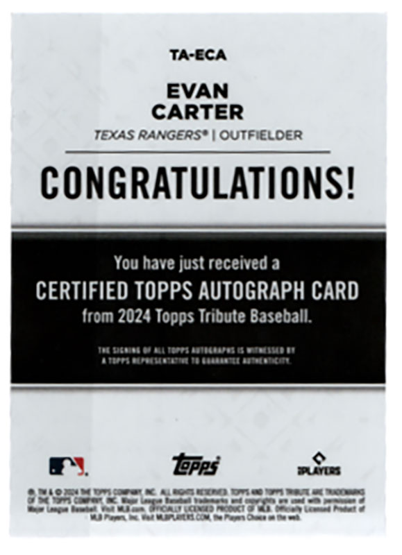 Evan Carter 直筆サイン エバンカーター　mlb auto エバン・カーター/Evan Carter 2024 Topps Tribute auto 05/99