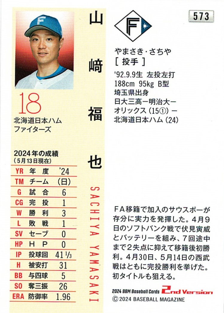 山崎福也【2024 BBM ベースボールカード 2ndバージョン】 ｜カード
