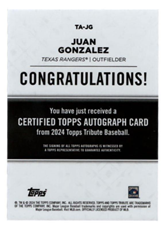 フアン・ゴンザレス/Juan Gonzalez 2024 Topps Tribute auto 050/150