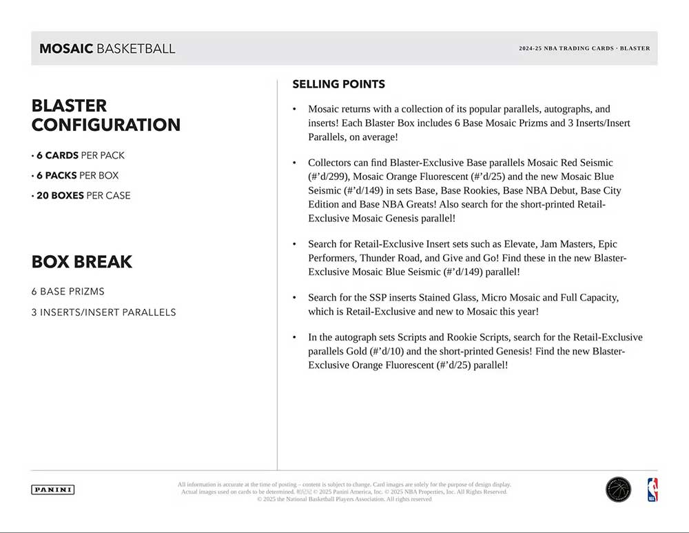 NBA 2024-25 Panini Mosaic Basketball Blaster版 Box 8/12入荷