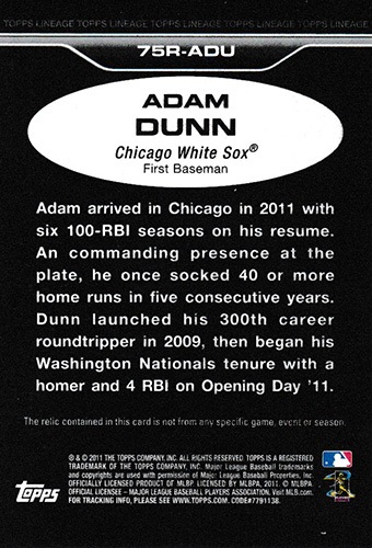 アダム・ダン 2011 Topps Lineage Relics / Adam Dunn ｜カード