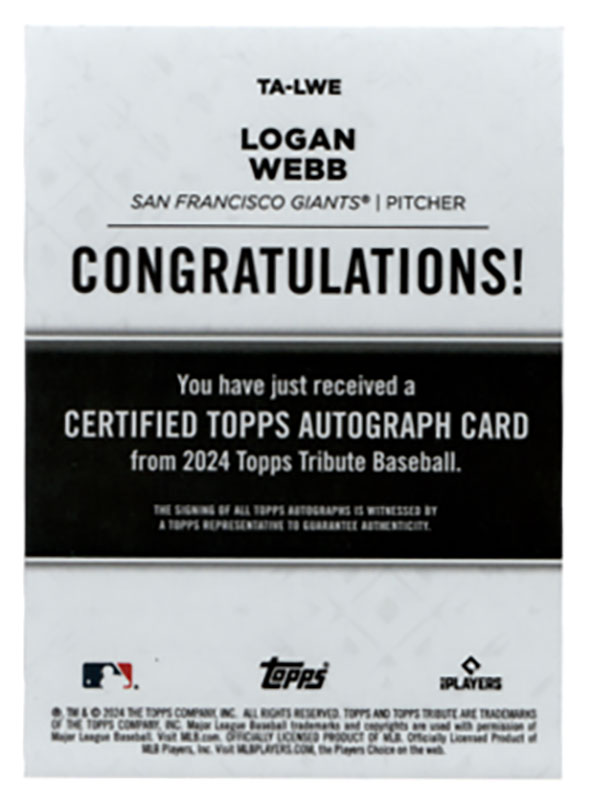Logan Webb 2024 Topps Tribute auto 05/75 ｜カードファナティック
