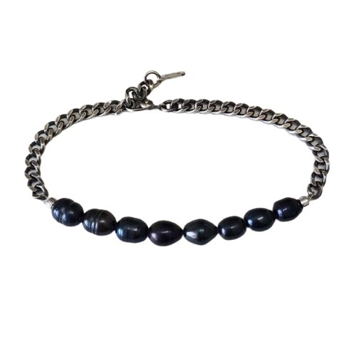 SILVER CHAIN BRACELET BLACK PEARL