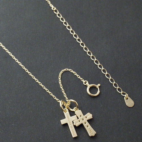 Double Cross Necklace K18 Yellpw Gold w/Daiamond