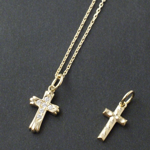 Double Cross Necklace K18 Yellpw Gold w/Daiamond